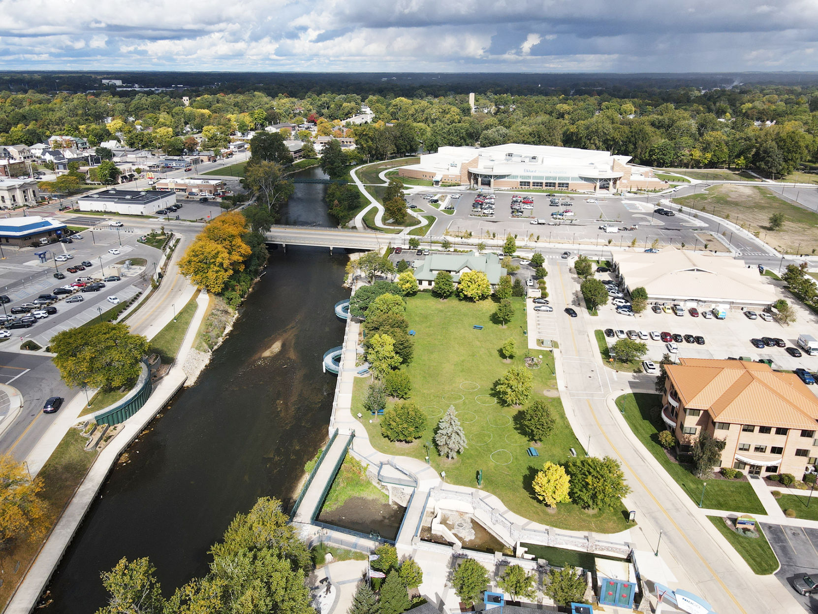 Elkhart River by the River District, Aquatics Center drone